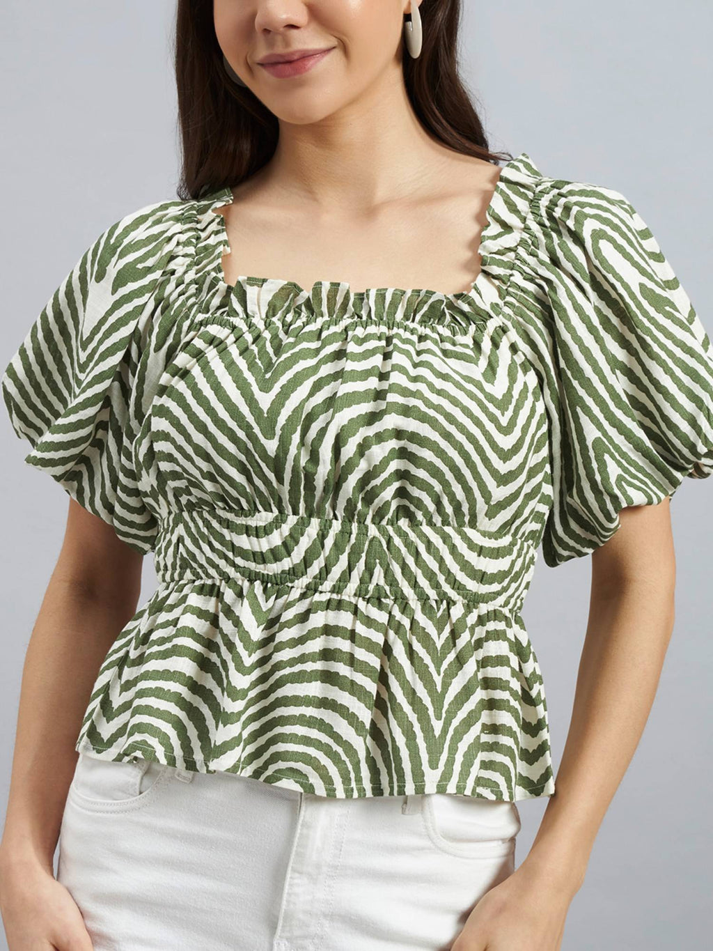 Olive Abstract Print Peplum Top | pt51 - view 5