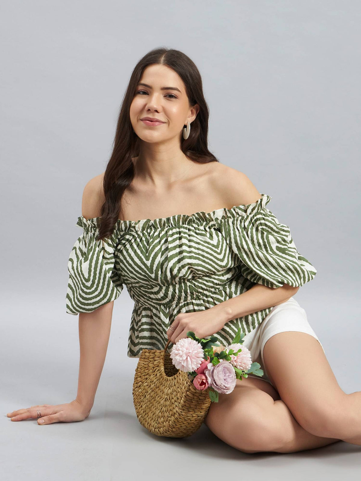 Olive Abstract Print Peplum Top | pt51 - view 6