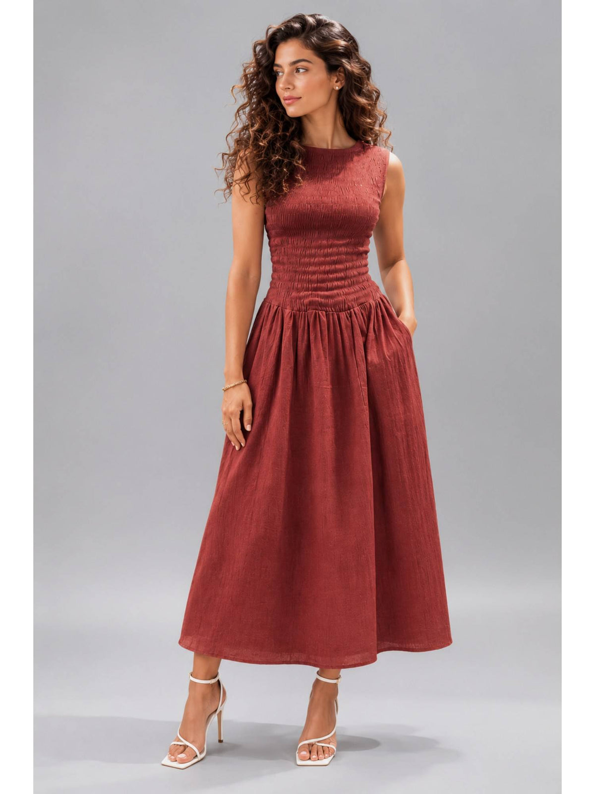 Women Maroon Smocked Sleeveless Midi Dress | D56 - view 1