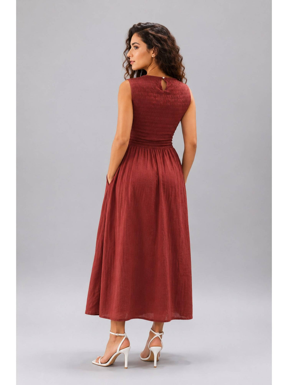 Women Maroon Smocked Sleeveless Midi Dress | D56 - view 2