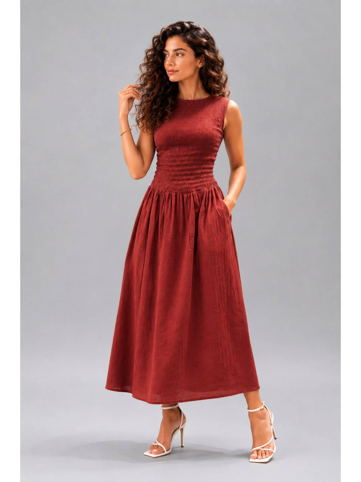 Women Maroon Smocked Sleeveless Midi Dress | D56 - view 3