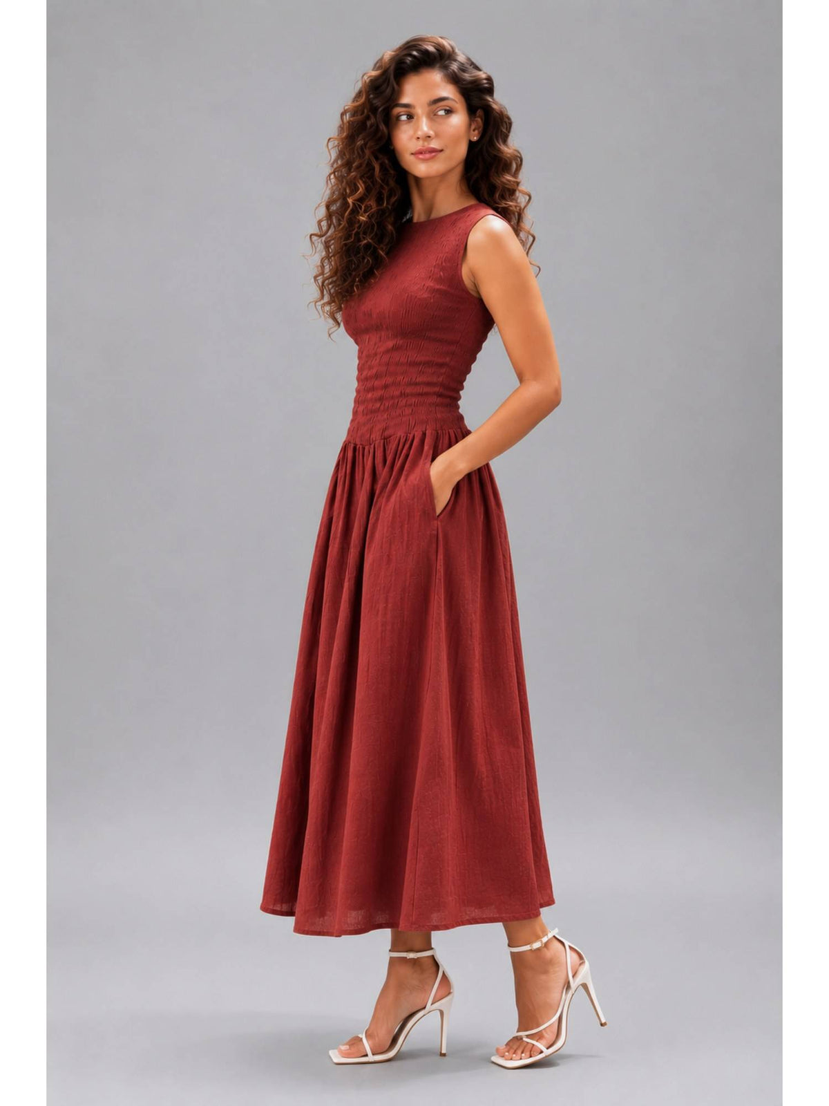 Women Maroon Smocked Sleeveless Midi Dress | D56 - view 4