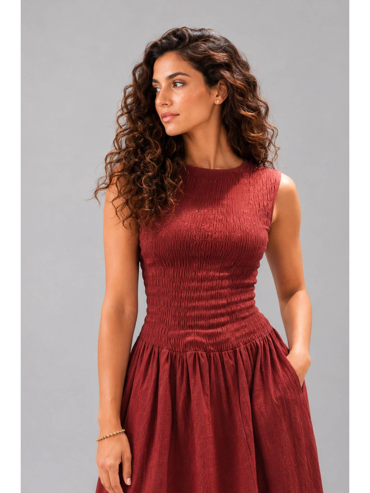 Women Maroon Smocked Sleeveless Midi Dress | D56 - view 5