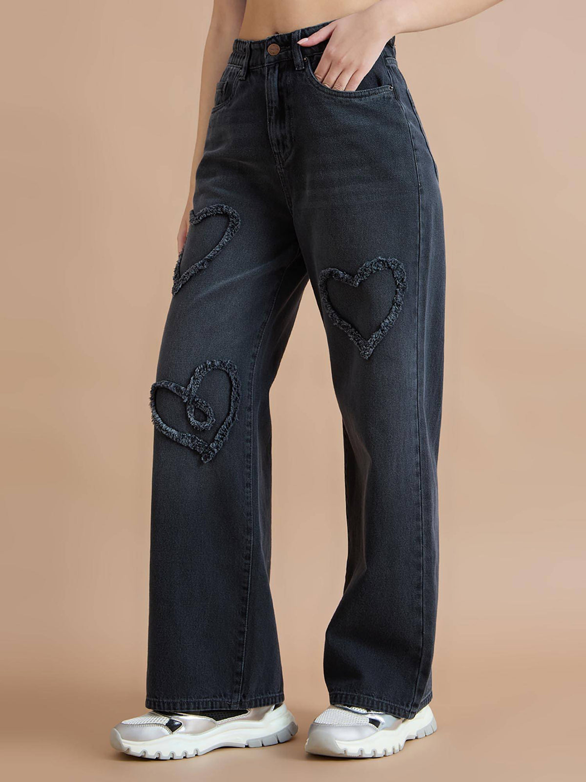 Womens High Rise Wide Leg Distressed Heart Jeans | WL90 - view 3