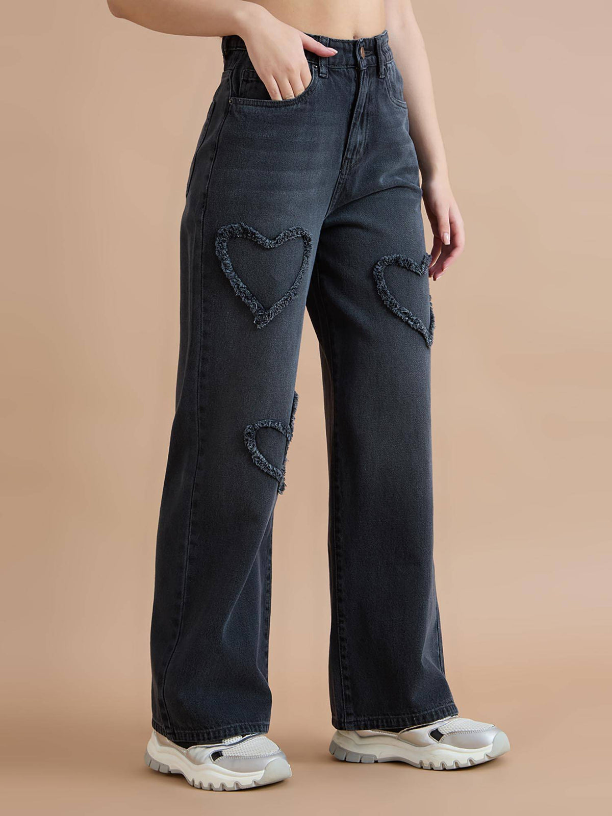 Womens High Rise Wide Leg Distressed Heart Jeans | WL90 - view 4
