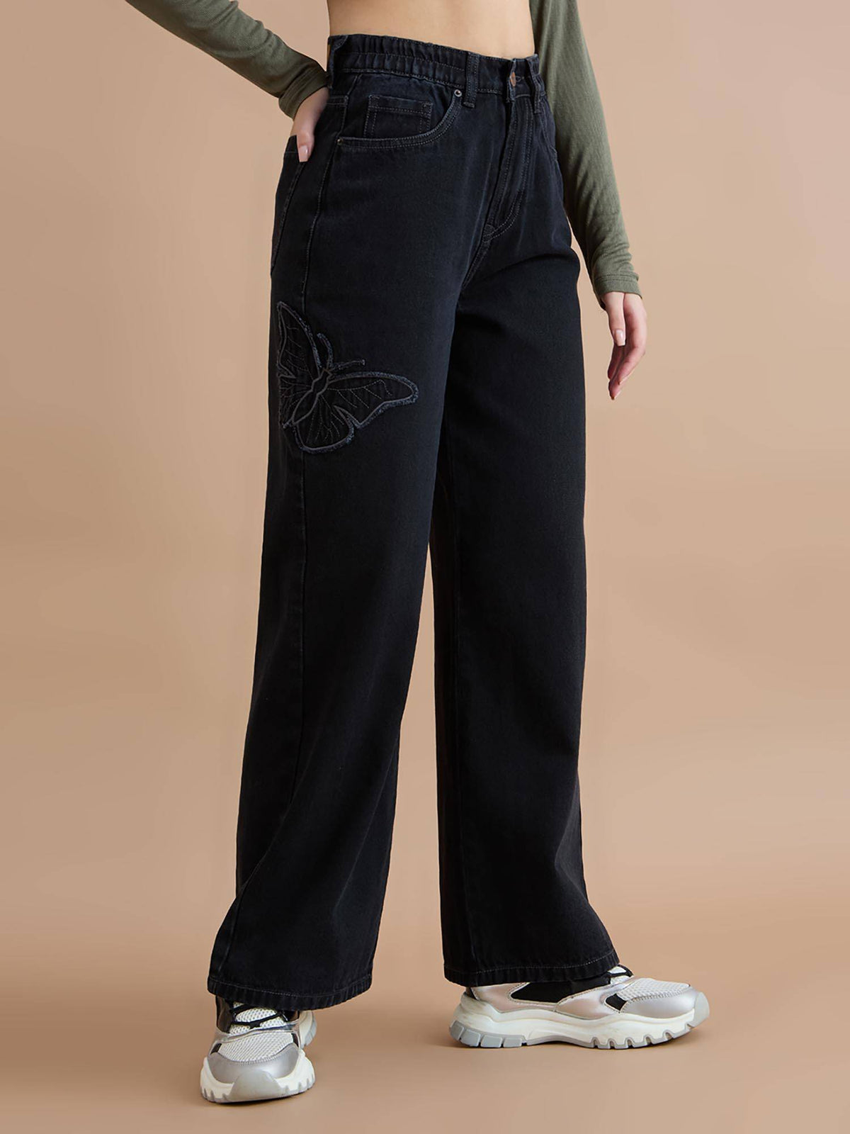 High Rise Wide Leg Jeans with Butterfly Embroidery | WL90 - view 4