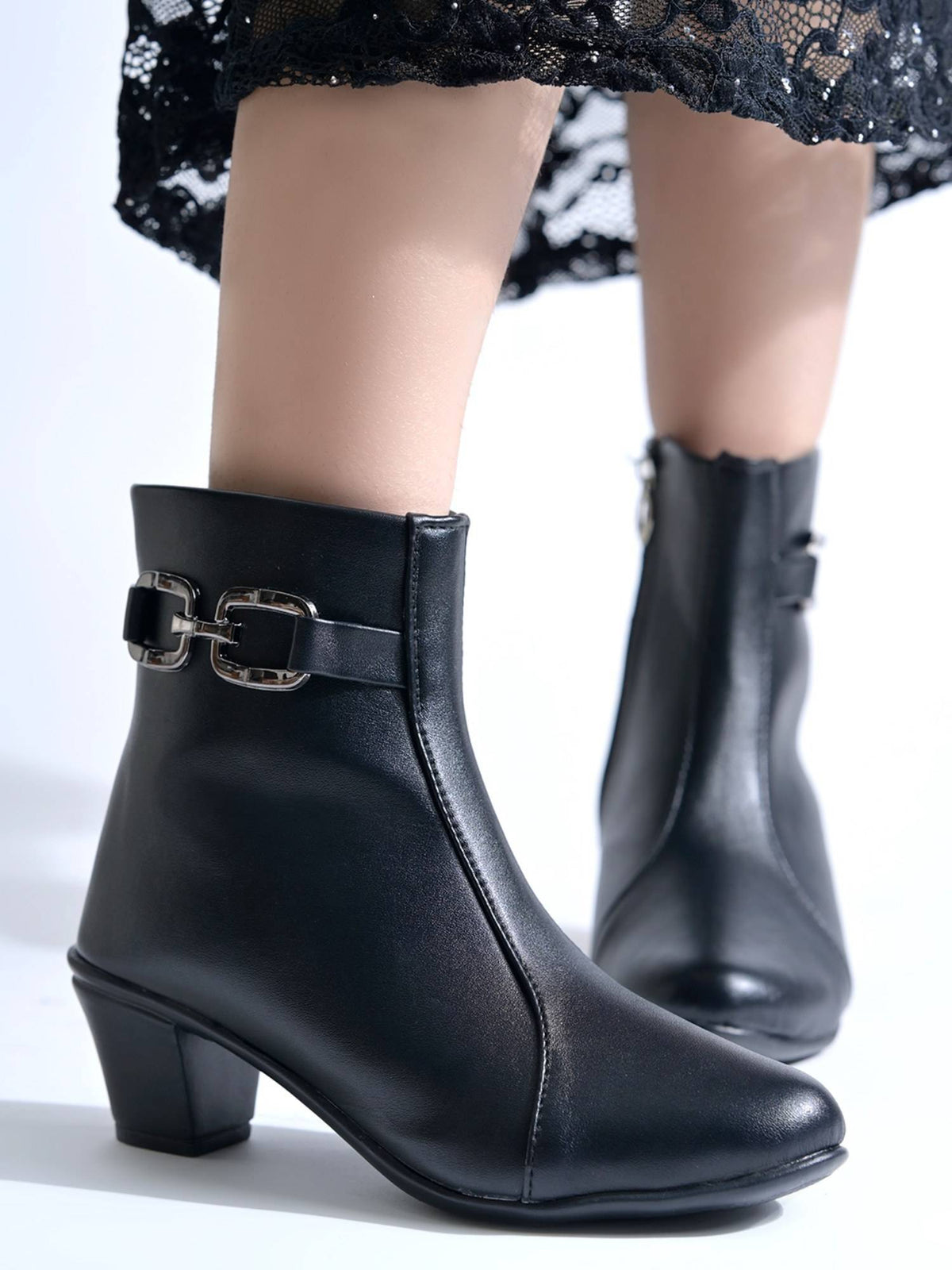 Black Buckle-Accent Ankle Casual Boots For Women | BT61 - view 2