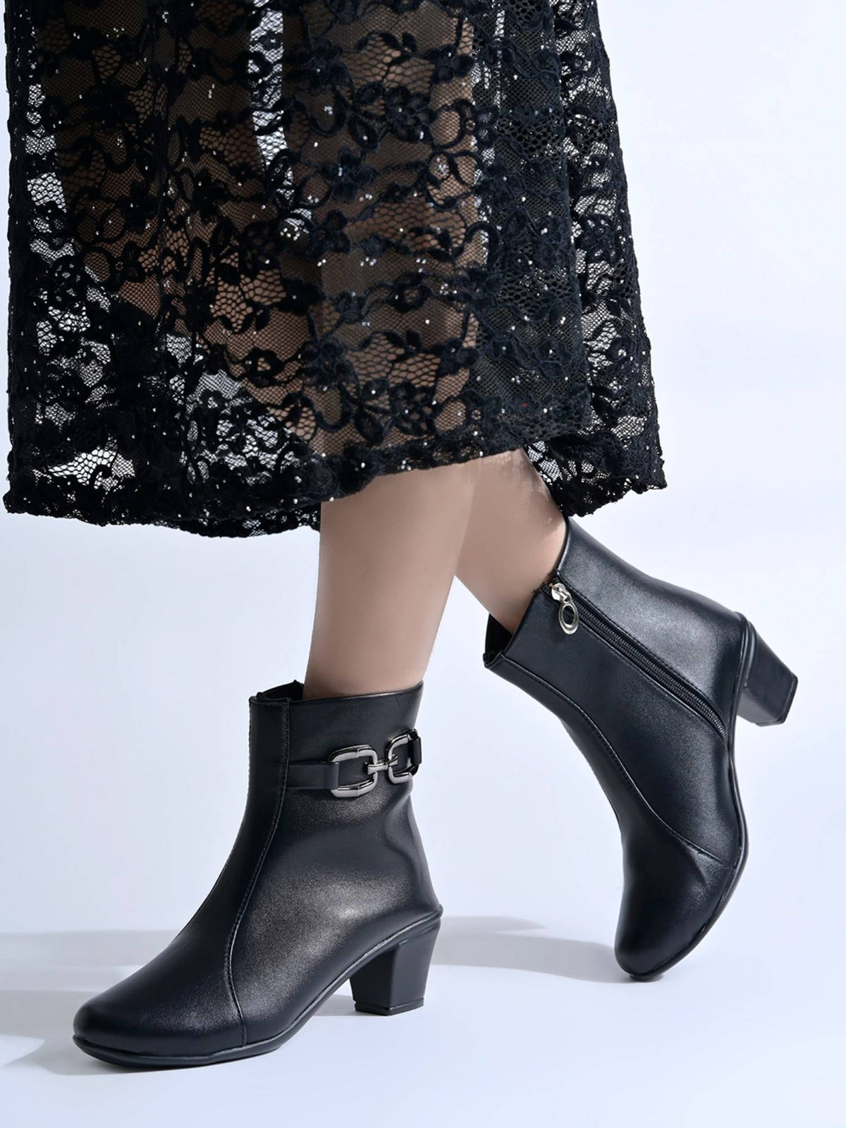 Black Buckle-Accent Ankle Casual Boots For Women | BT61 - view 3