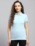 Womens Blue Solid Half Sleeve Polo Collar T-Shirt | PW43 - view 1