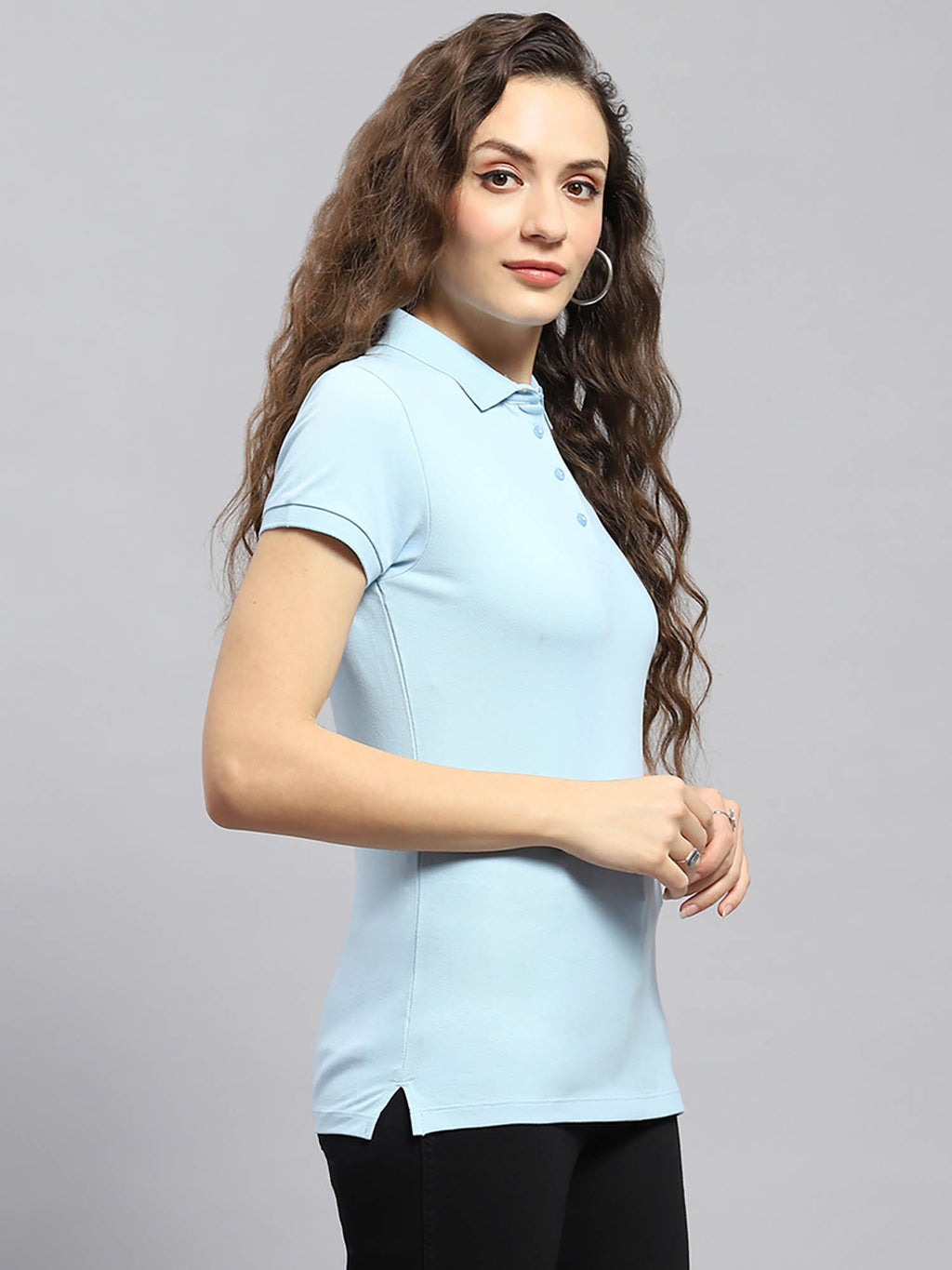 Womens Blue Solid Half Sleeve Polo Collar T-Shirt | PW43 - view 3