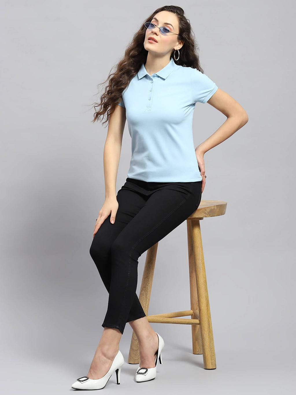 Womens Blue Solid Half Sleeve Polo Collar T-Shirt | PW43 - view 5