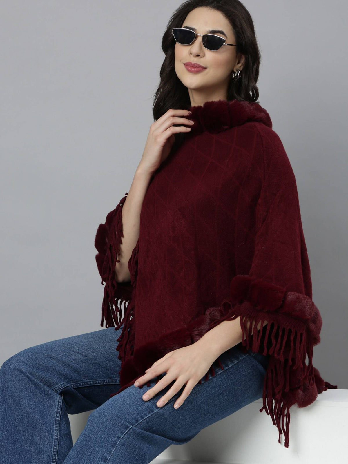 Women's Self Design Round Neck Longline Maroon Fringed Poncho | JC78 - view 2