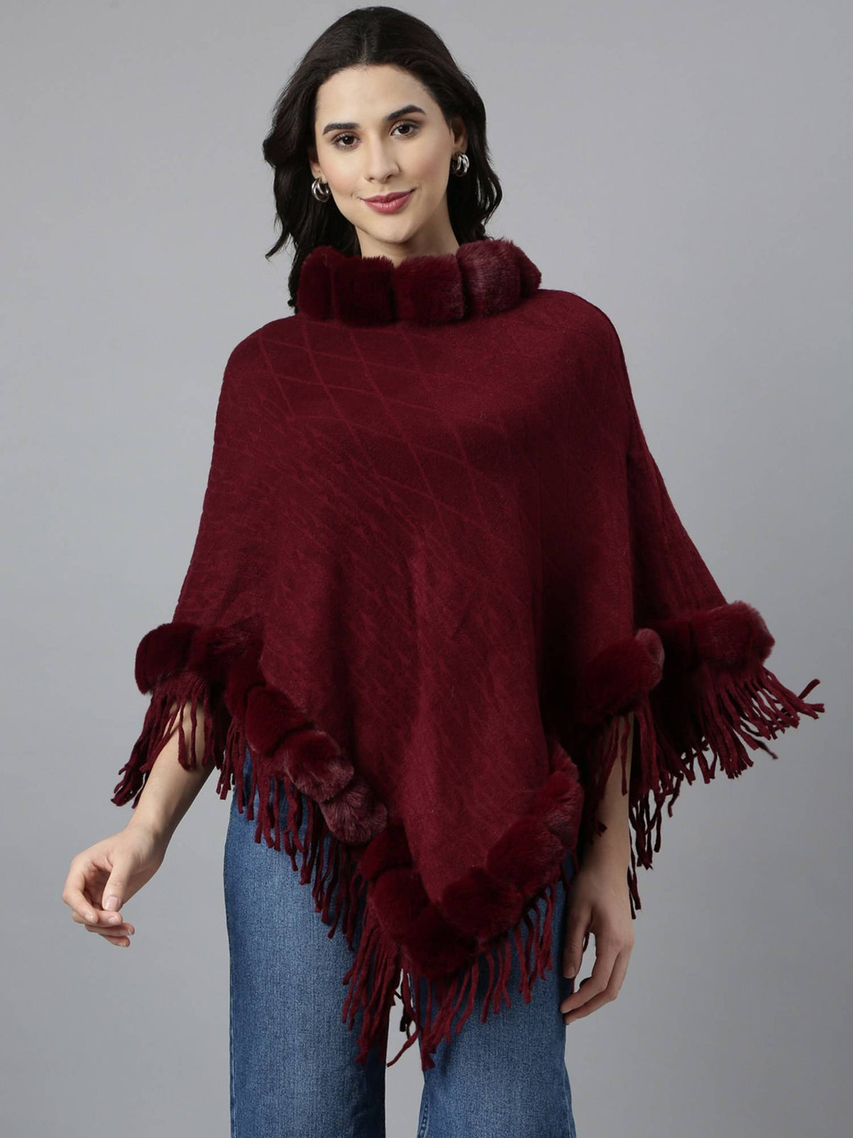 Women's Self Design Round Neck Longline Maroon Fringed Poncho | JC78 - view 1