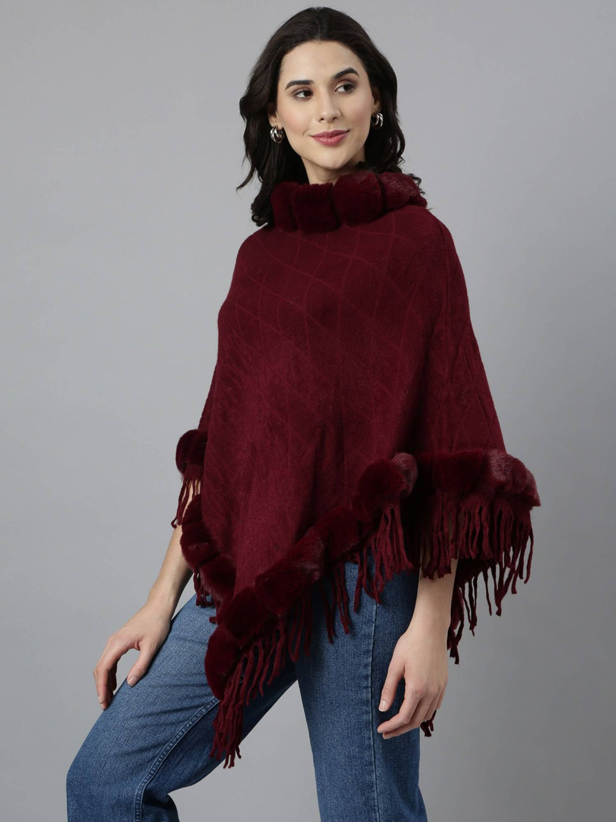 Women's Self Design Round Neck Longline Maroon Fringed Poncho | JC78 - view 3
