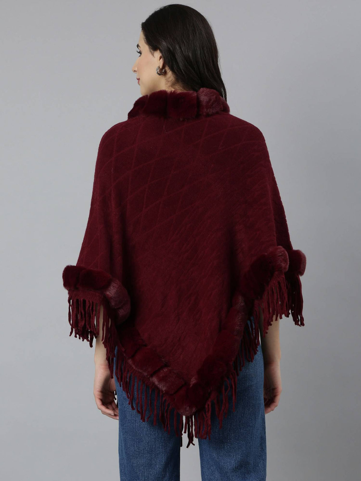 Women's Self Design Round Neck Longline Maroon Fringed Poncho | JC78 - view 4