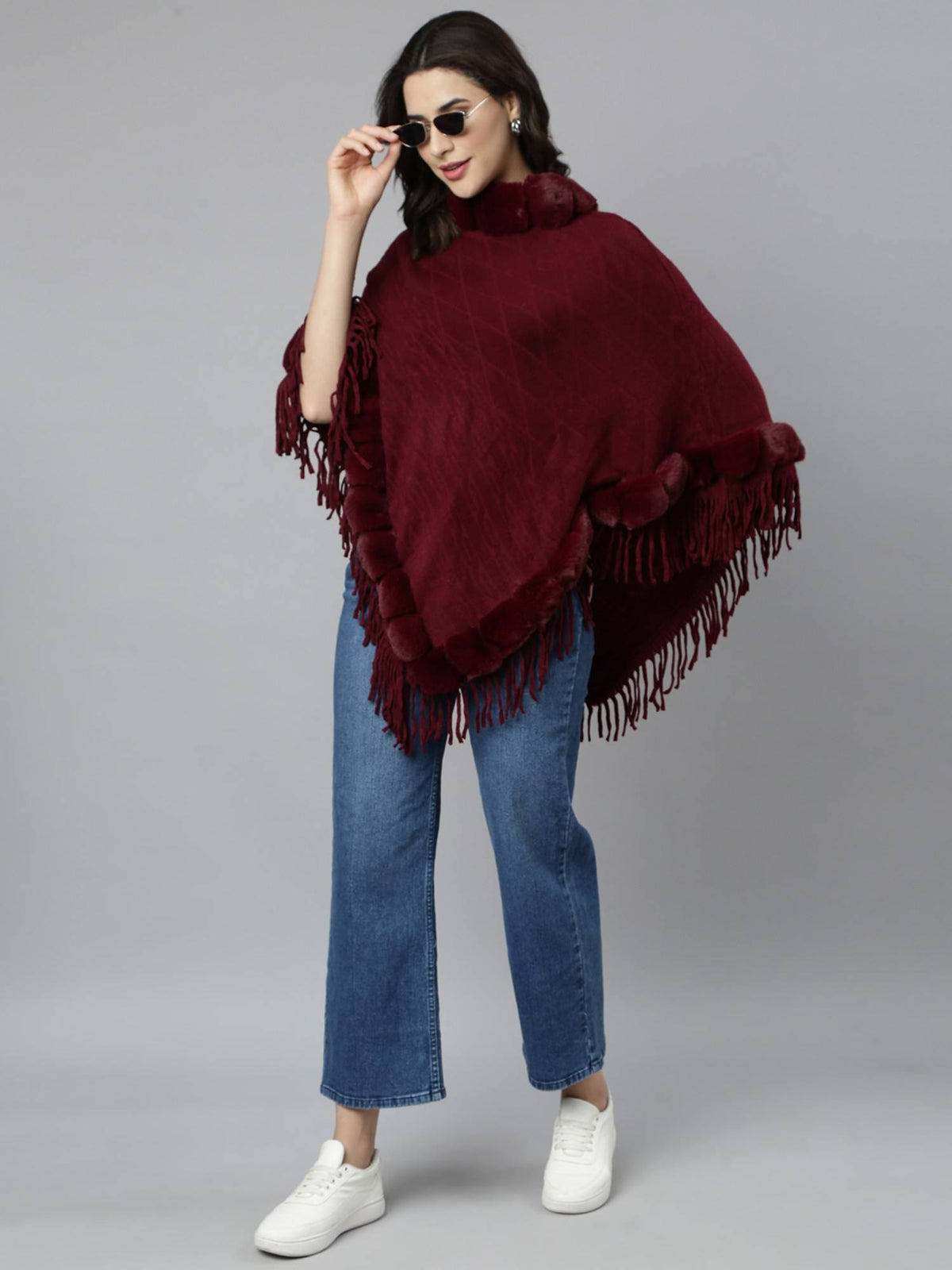 Women's Self Design Round Neck Longline Maroon Fringed Poncho | JC78 - view 5