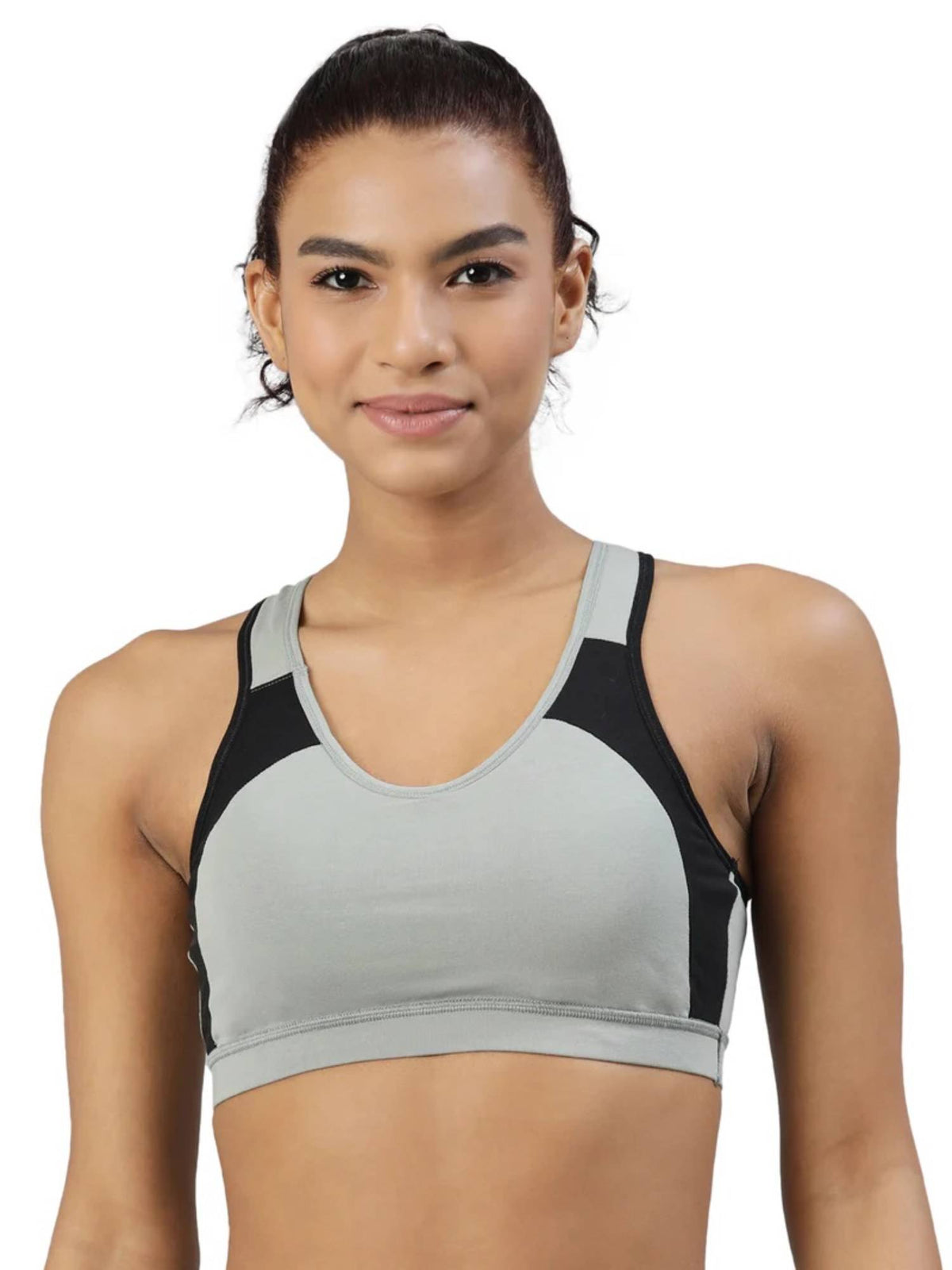 Womens Medium Impact Sports Bra with Removable Pad and Racerback Styling Grey | sb09 - view 1