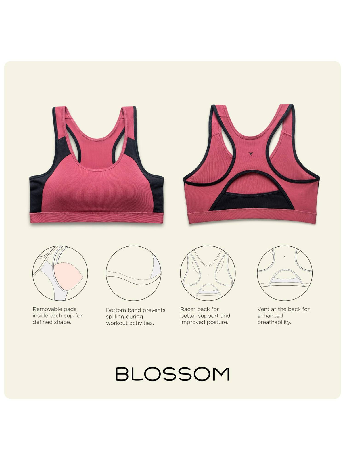 Womens Medium Impact Sports Bra with Removable Pad and Racerback Styling Rose Gold | sb09 - view 4
