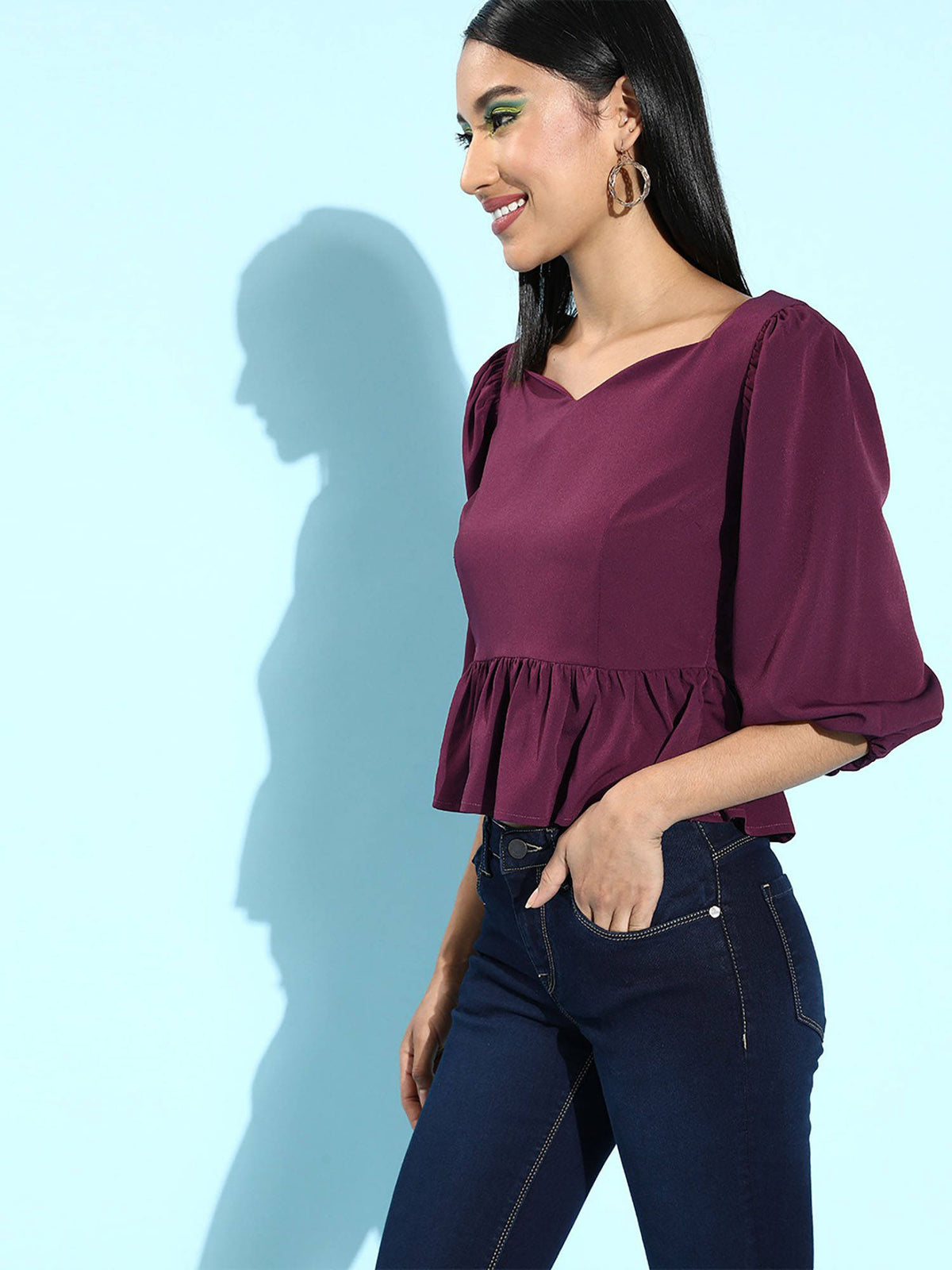 Women Casual Purple Colour Sweetheart Neck Solid Print Peplum Top | pt51 - view 2