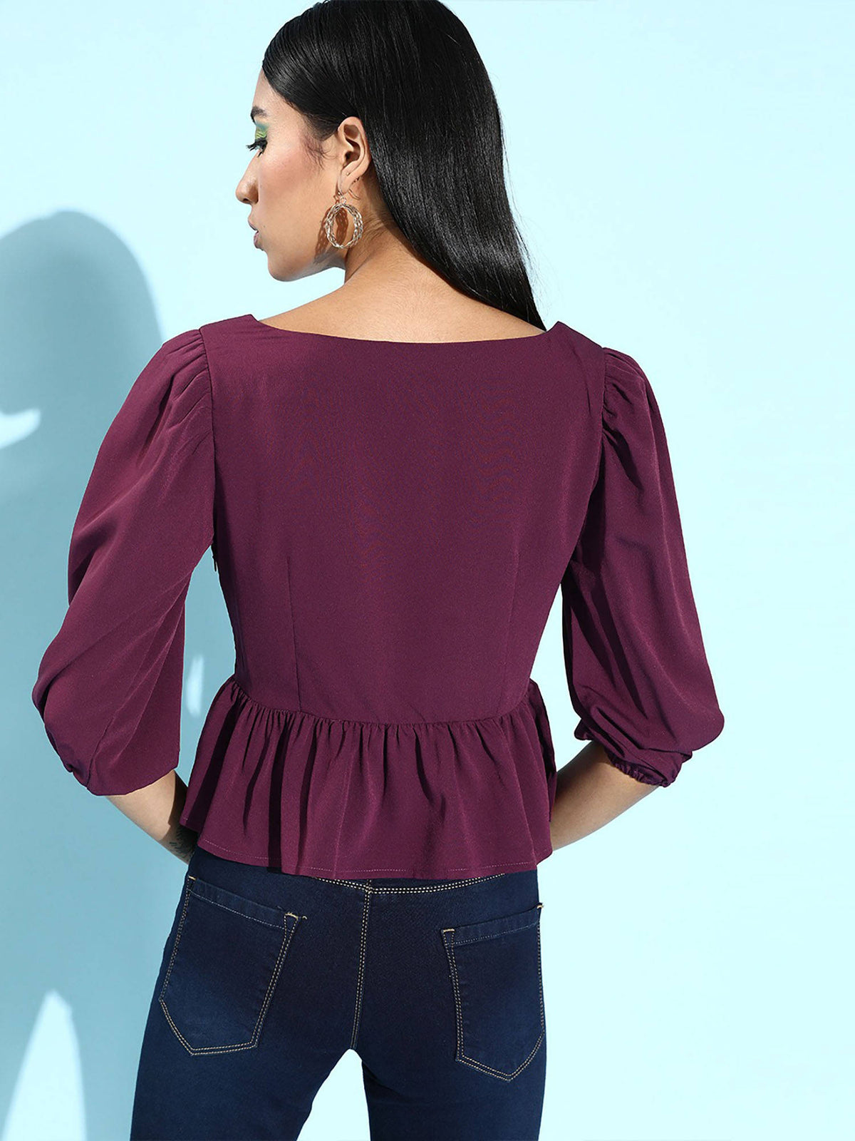 Women Casual Purple Colour Sweetheart Neck Solid Print Peplum Top | pt51 - view 3