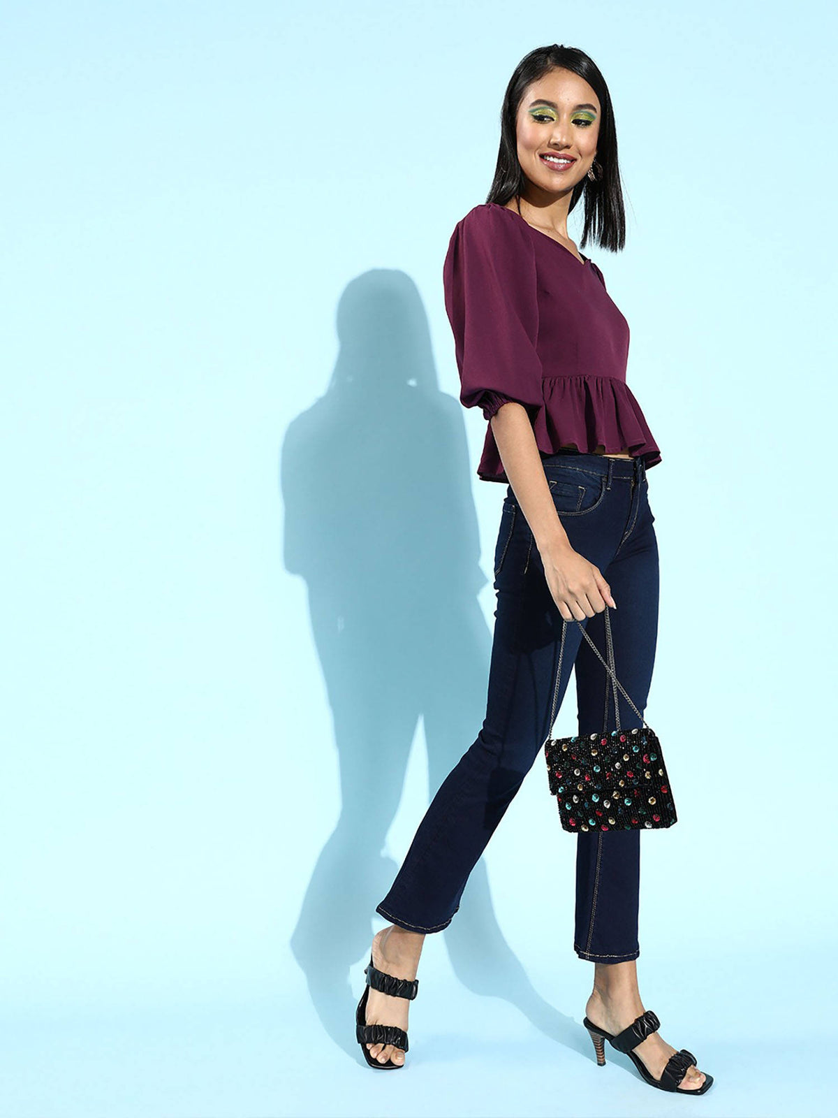 Women Casual Purple Colour Sweetheart Neck Solid Print Peplum Top | pt51 - view 4