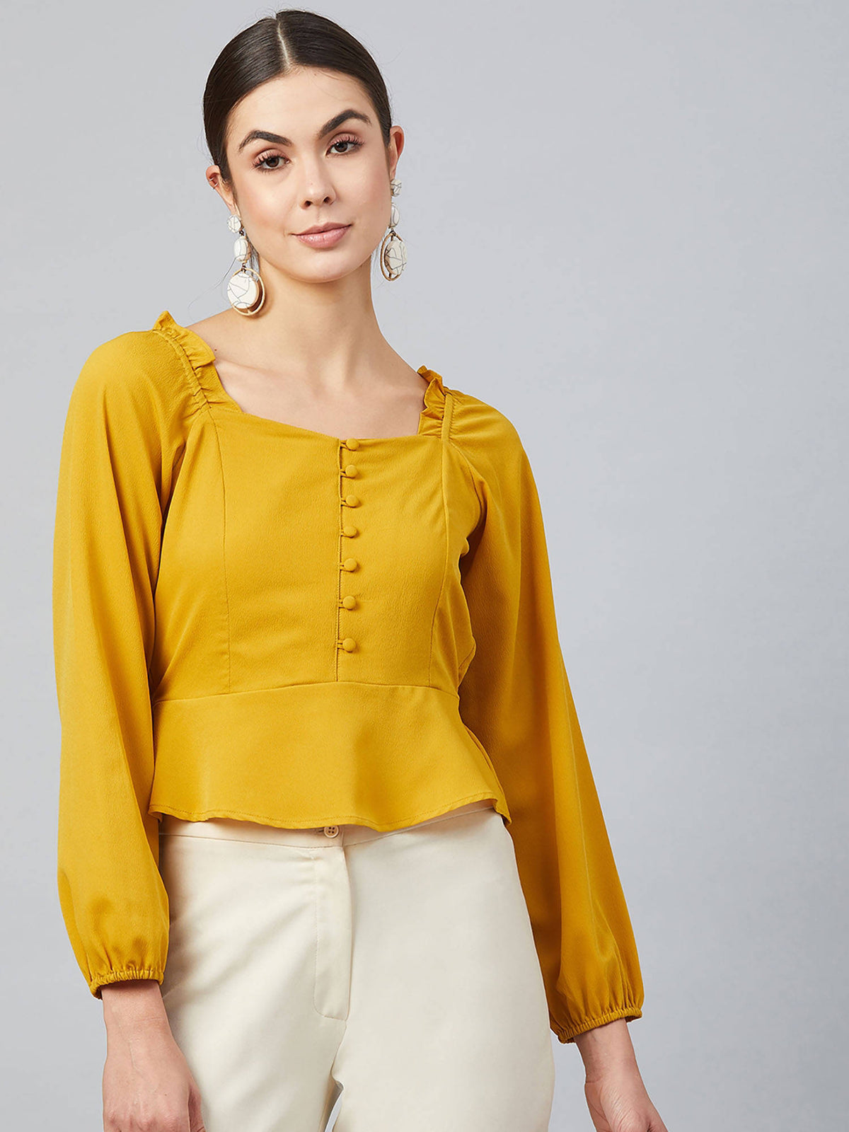 Women Casual Yellow Colour Sweetheart Neck Floral Print Peplum Top | pt51 - view 1