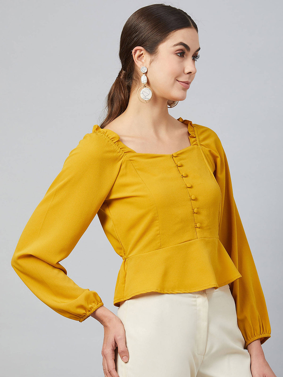 Women Casual Yellow Colour Sweetheart Neck Floral Print Peplum Top | pt51 - view 2