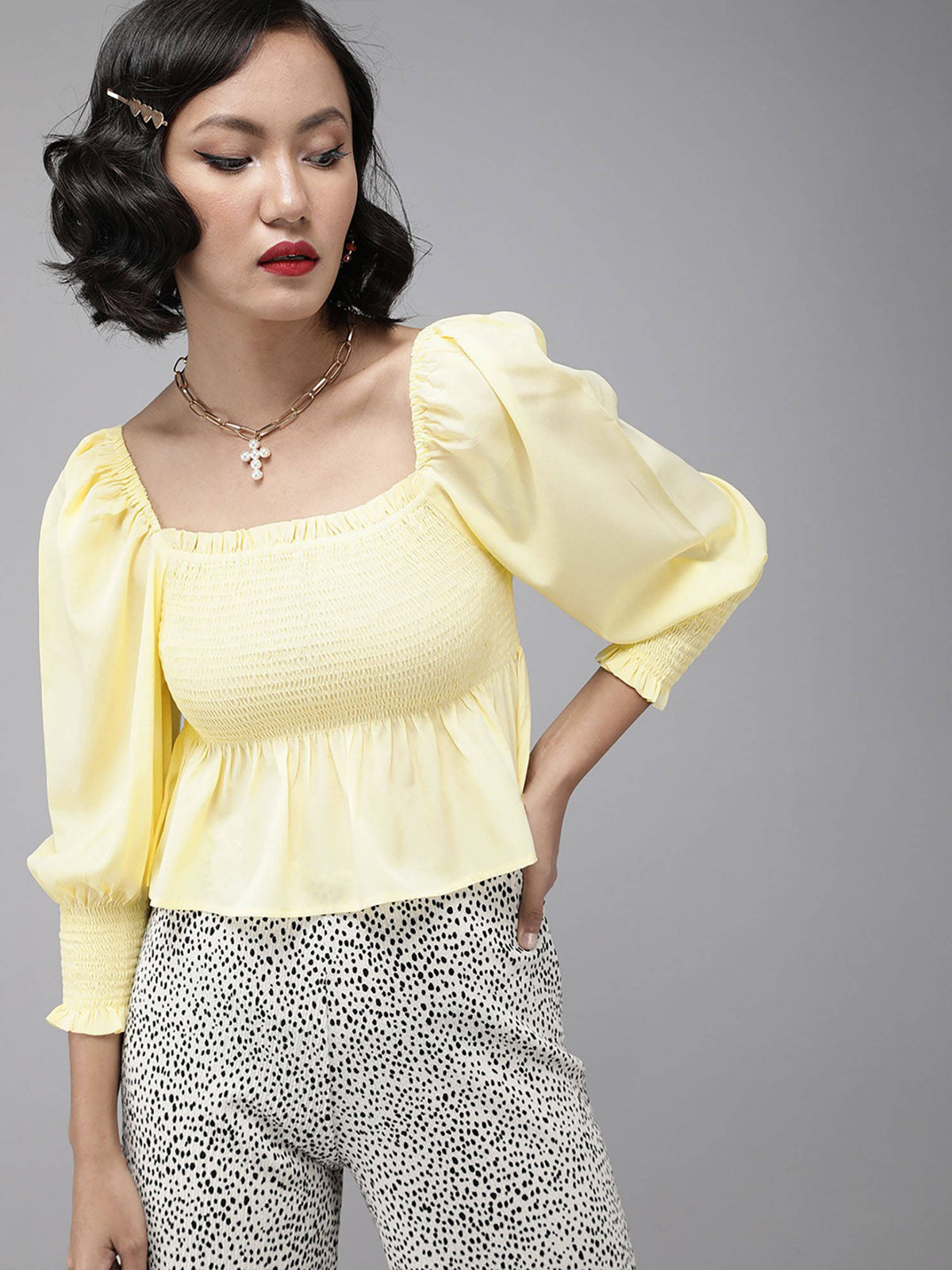 Women Casual Yellow Colour Square Neck Solid Print Peplum Top | pt51 - view 1