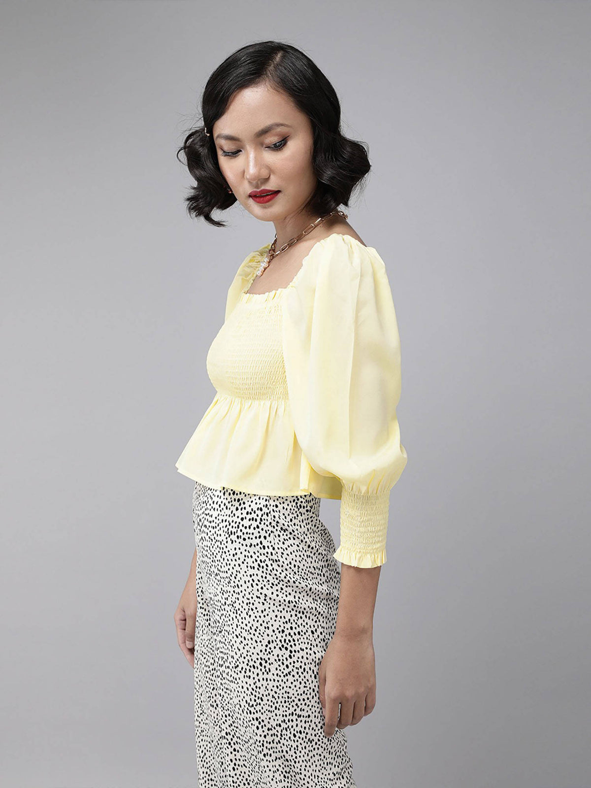 Women Casual Yellow Colour Square Neck Solid Print Peplum Top | pt51 - view 2