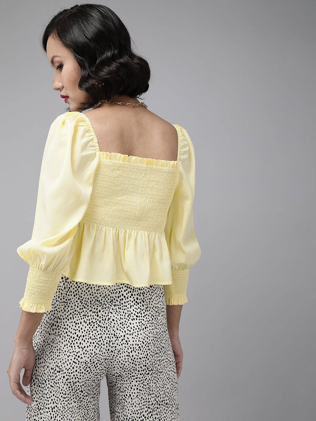 Women Casual Yellow Colour Square Neck Solid Print Peplum Top | pt51 - view 3