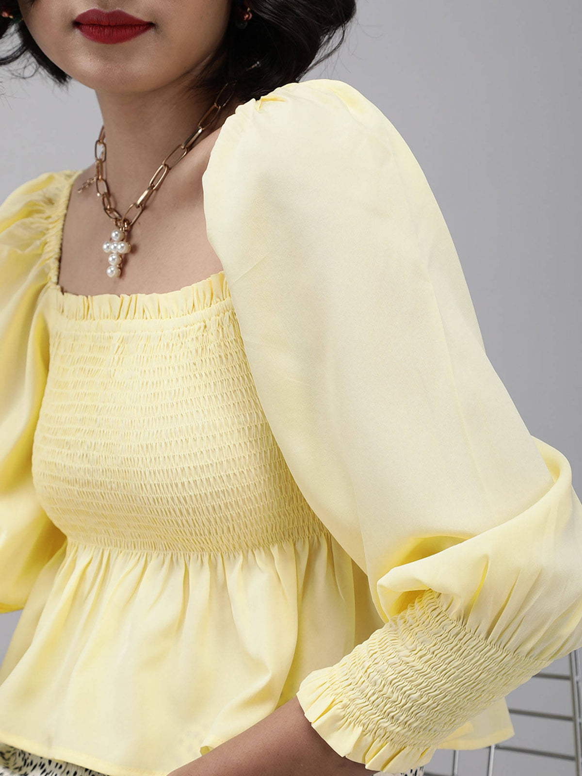 Women Casual Yellow Colour Square Neck Solid Print Peplum Top | pt51 - view 4