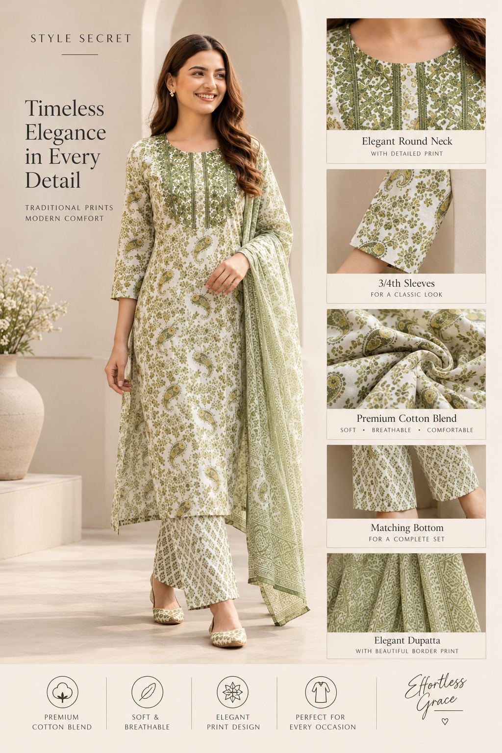 Olive Green Printed Kurta Set with Matching Dupatta