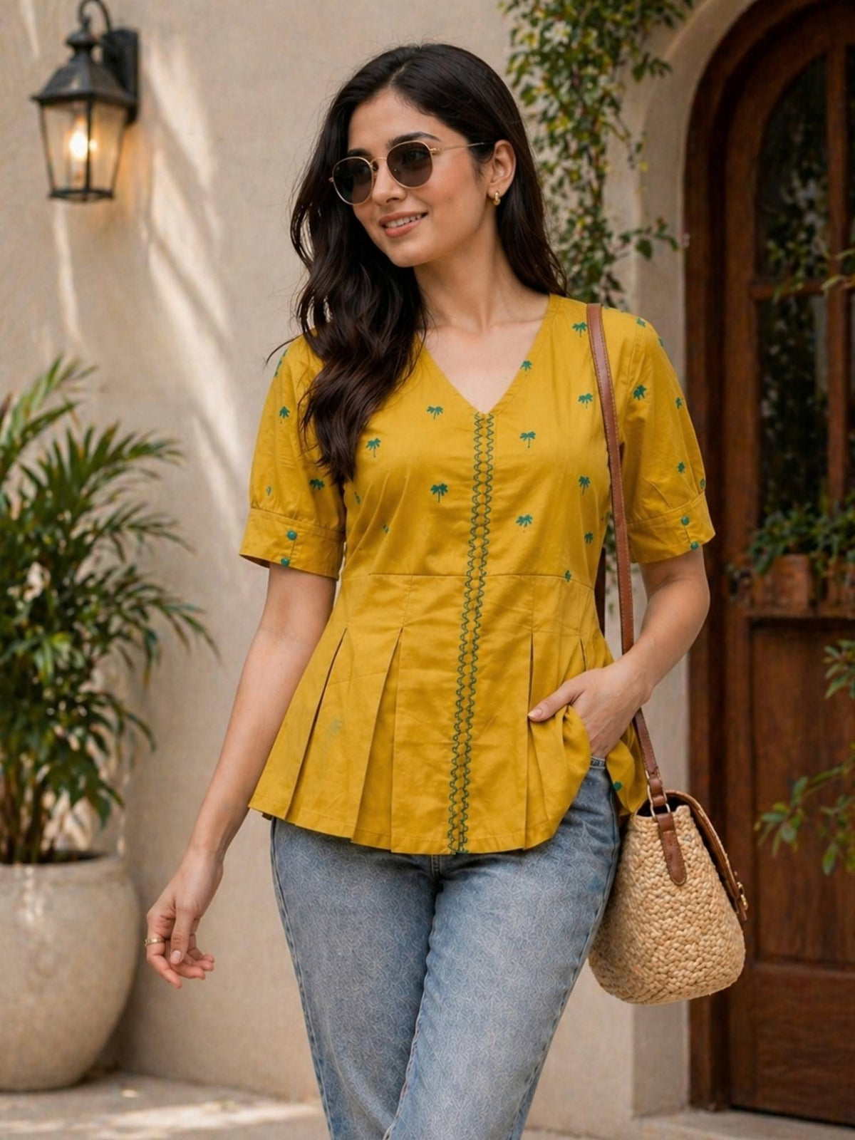 Women Mustard Yellow Embroidered Peplum Top | pt51 - view 1