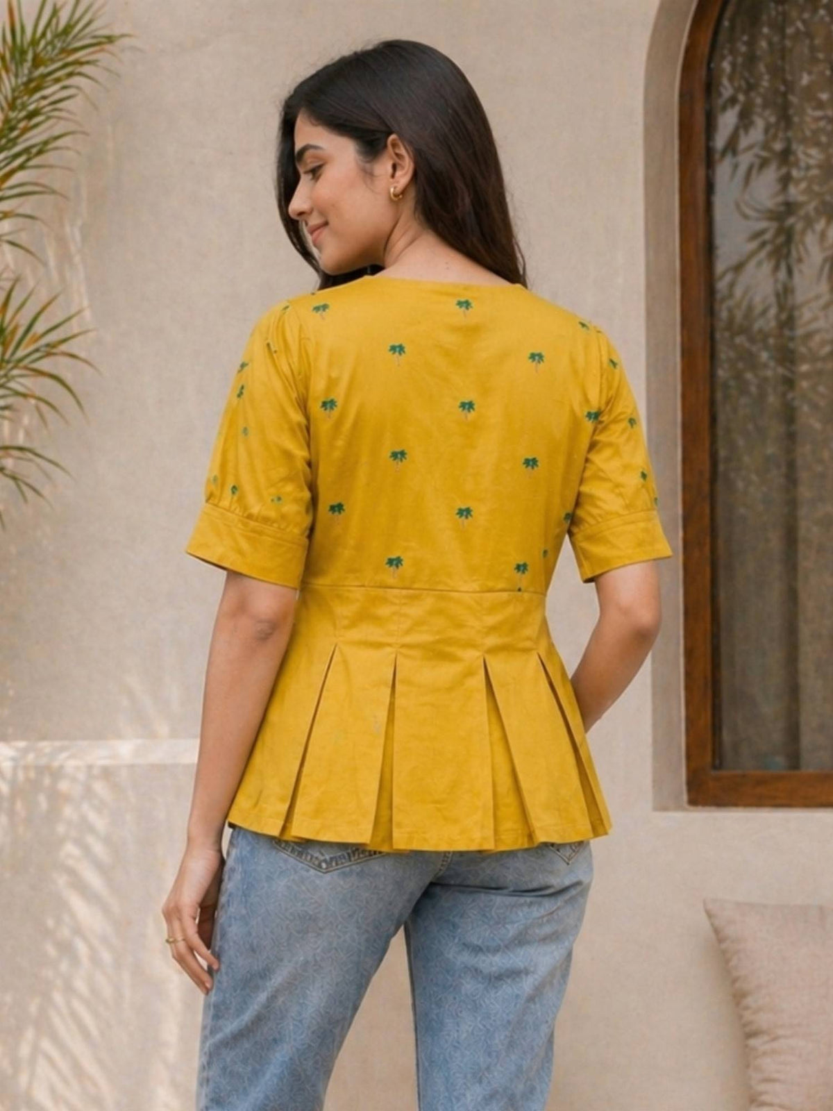Women Mustard Yellow Embroidered Peplum Top | pt51 - view 2