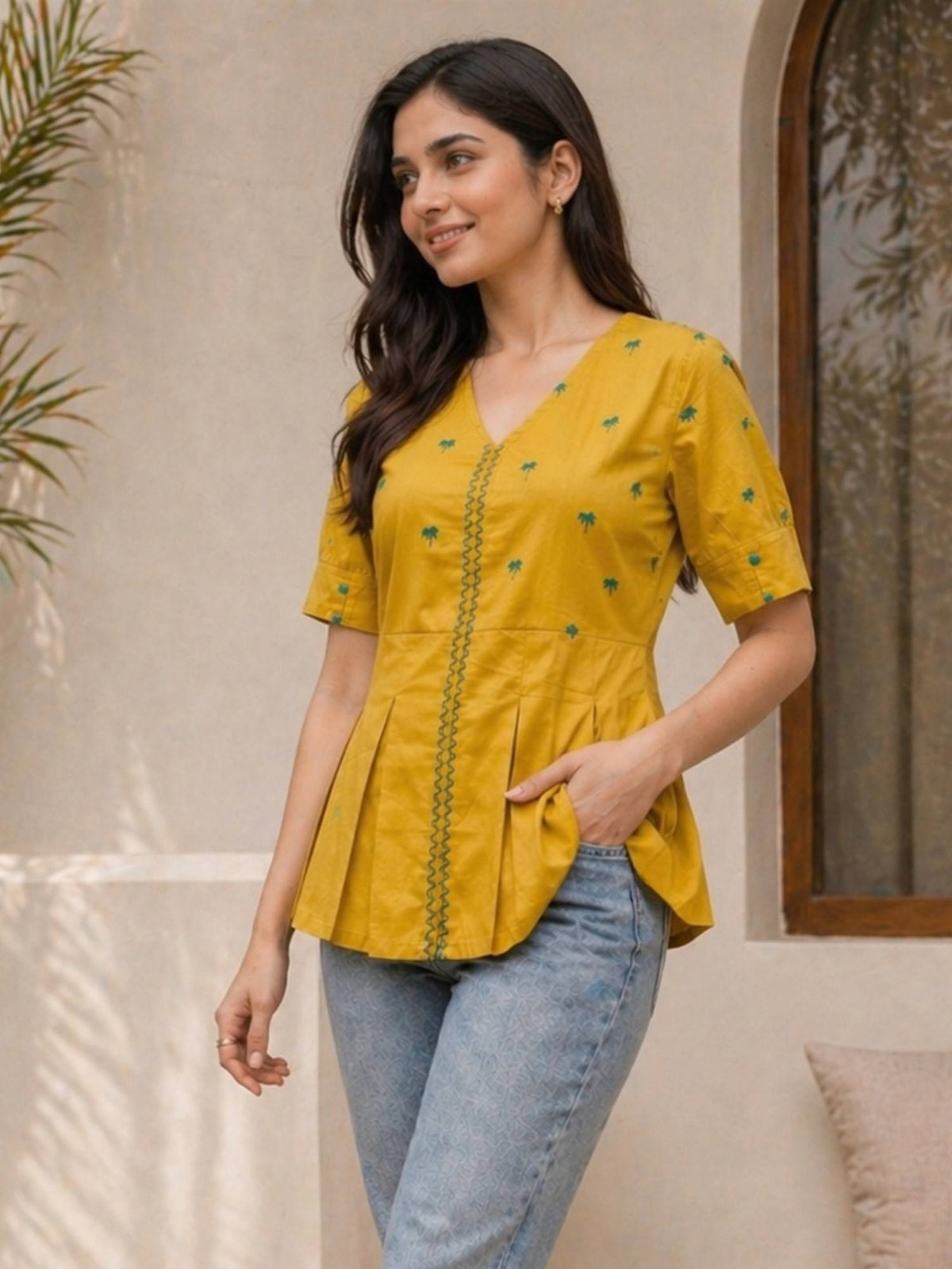 Women Mustard Yellow Embroidered Peplum Top | pt51 - view 4