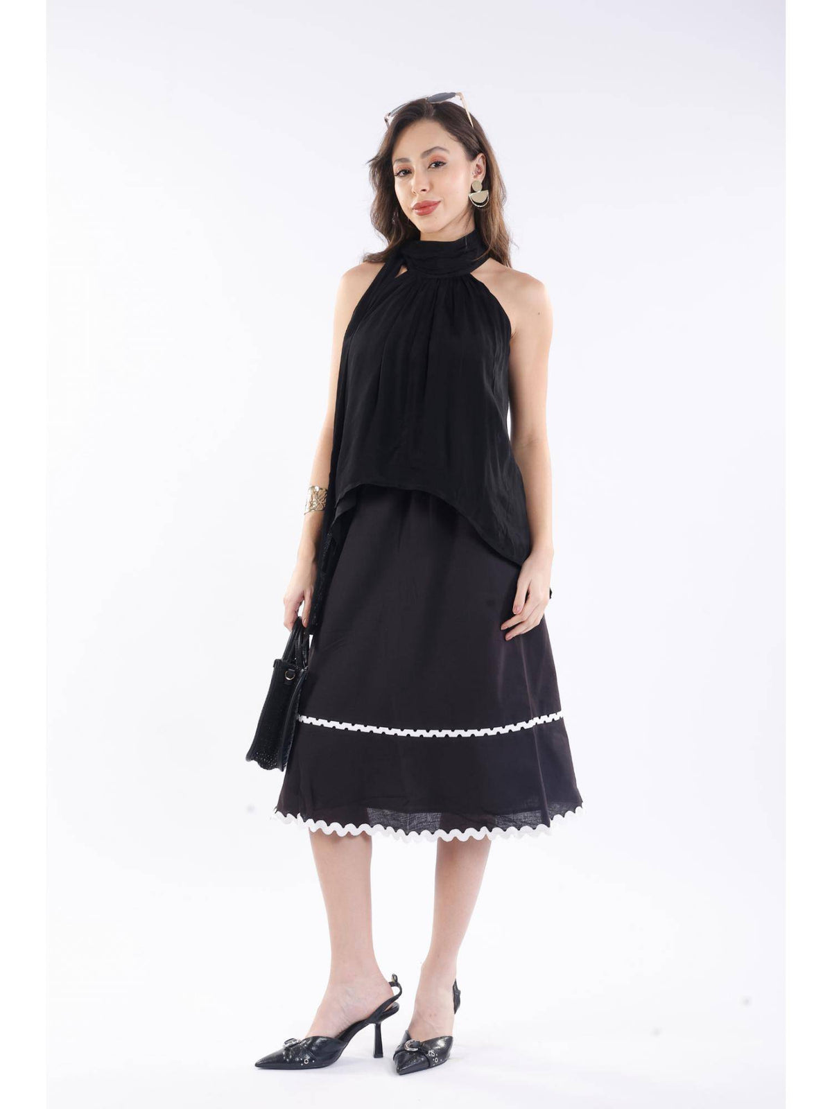 Black Viscose Halter Neck High-Low Top | HT67 - view 2