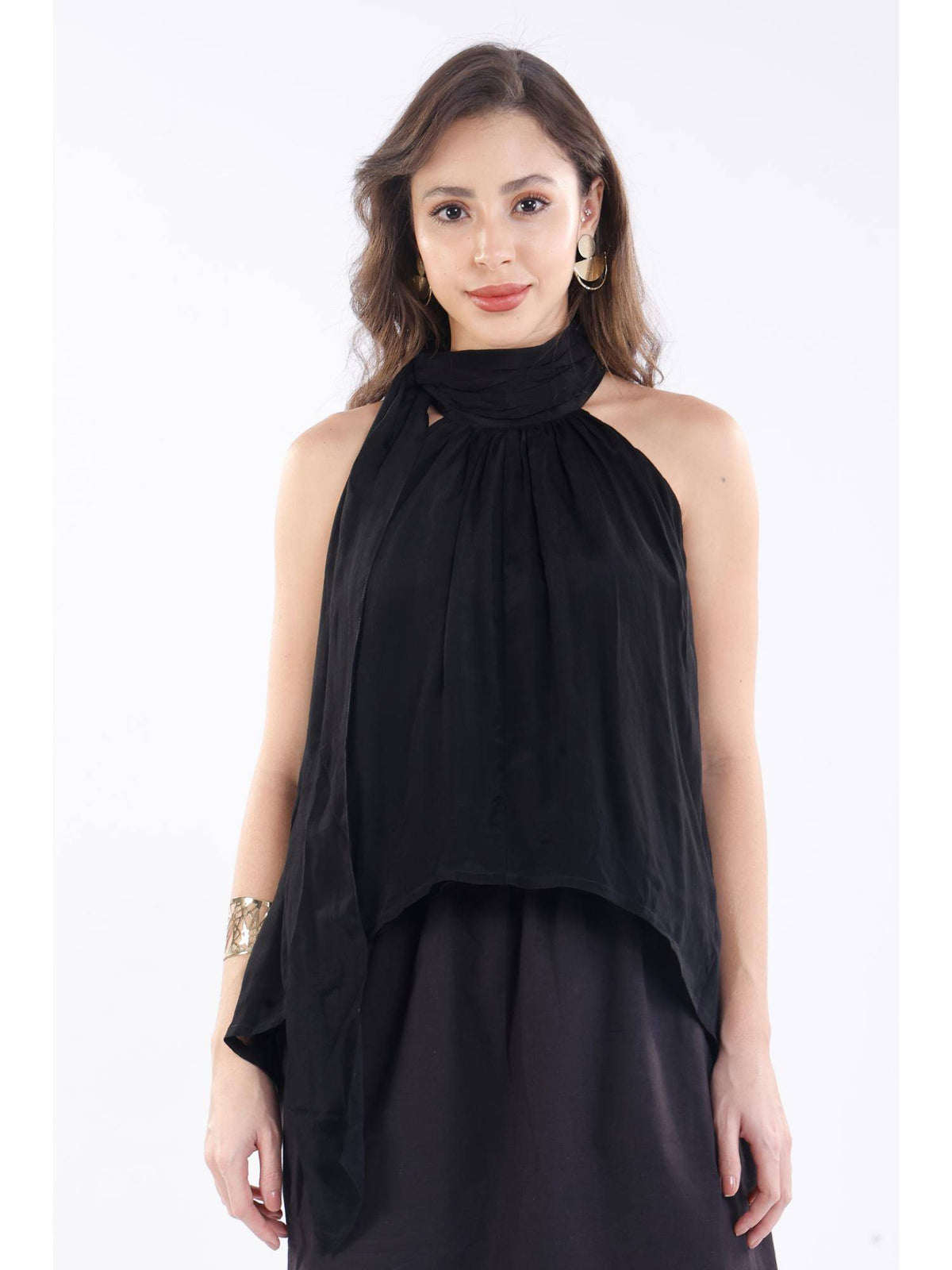 Black Viscose Halter Neck High-Low Top | HT67 - view 1