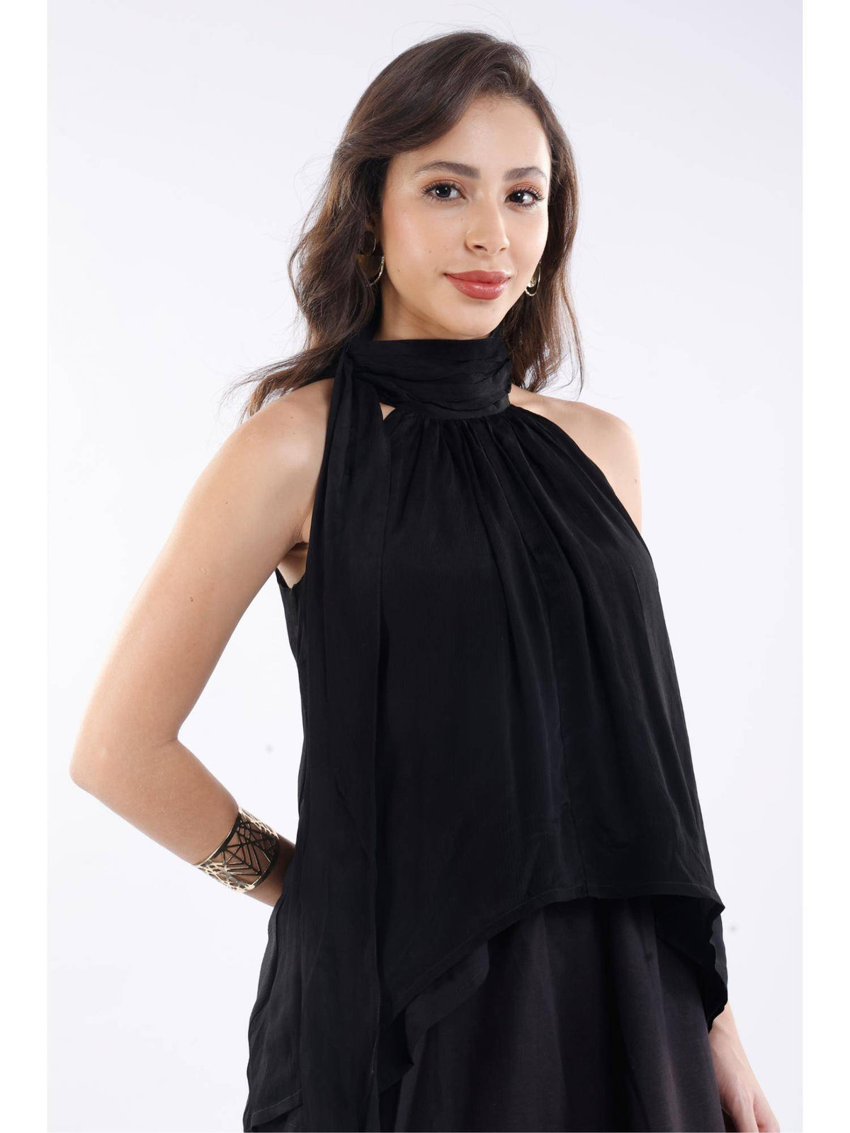 Black Viscose Halter Neck High-Low Top | HT67 - view 3