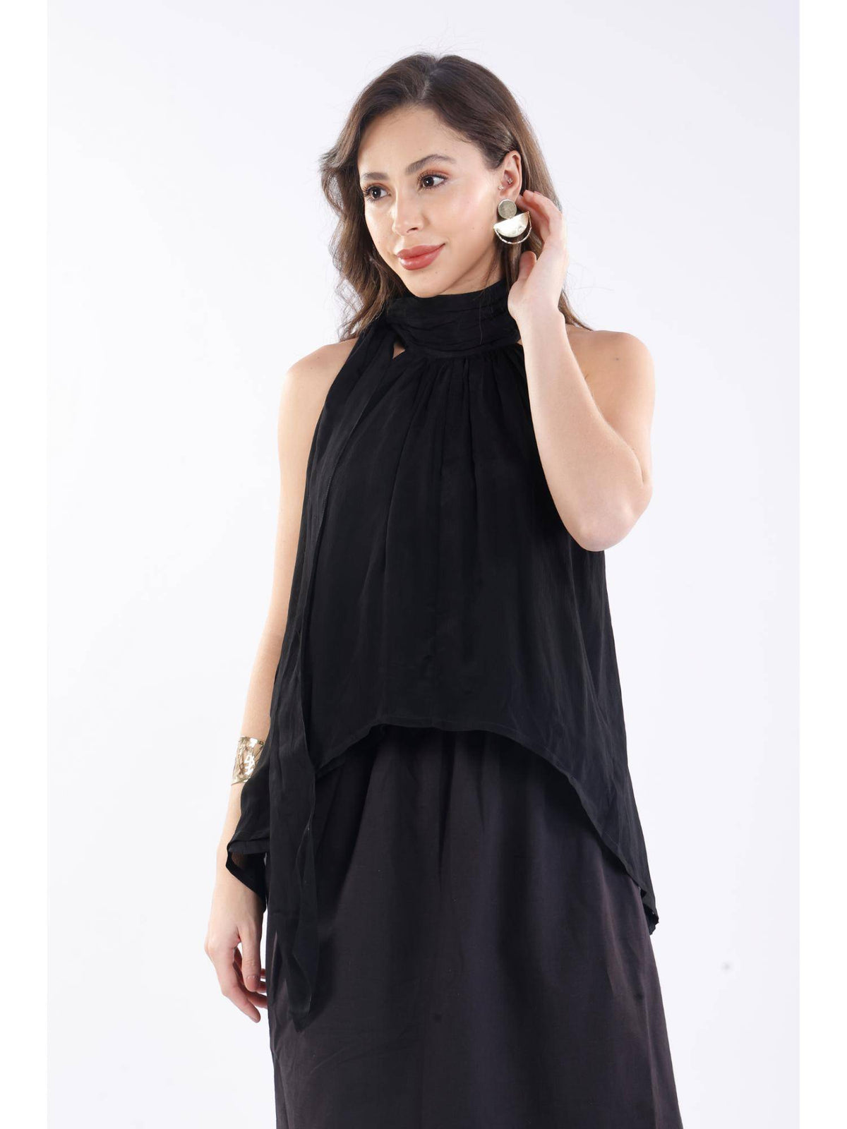 Black Viscose Halter Neck High-Low Top | HT67 - view 4