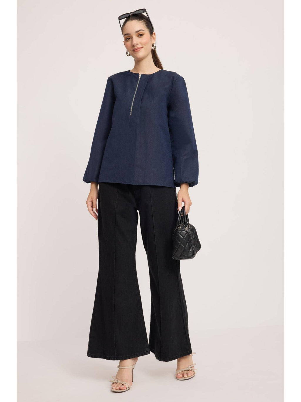 Blue Cotton Relaxed Peplum Top | pt51 - view 2