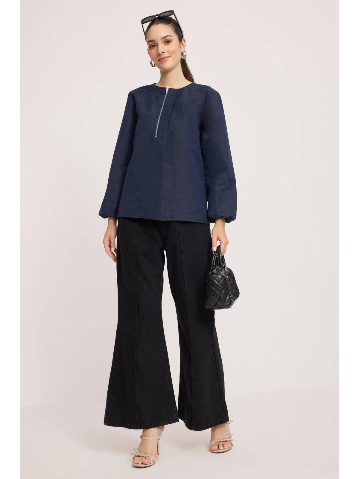 Blue Cotton Relaxed Peplum Top | pt51 - view 2