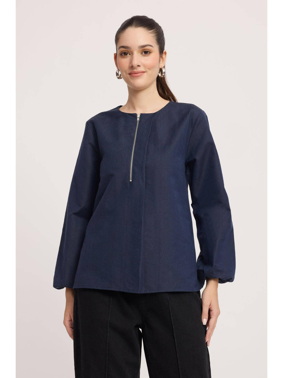 Blue Cotton Relaxed Peplum Top | pt51 - view 1