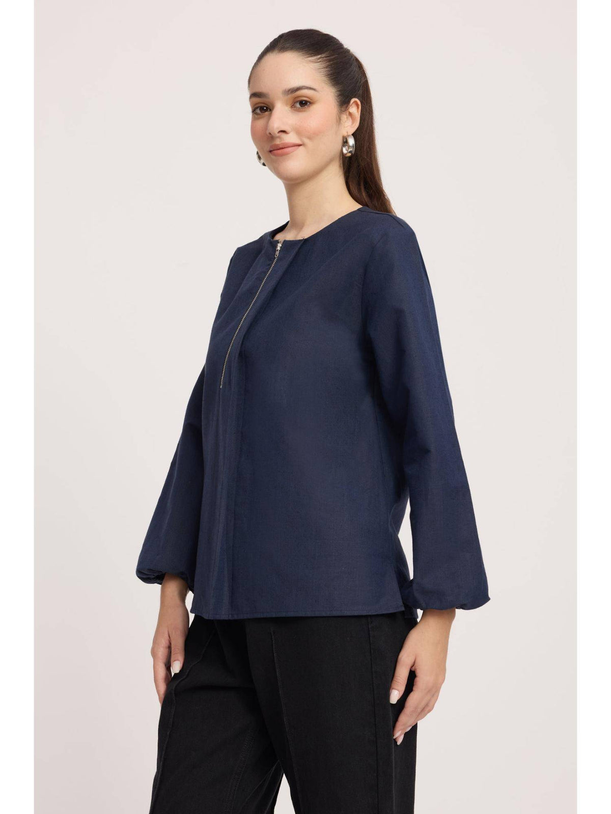 Blue Cotton Relaxed Peplum Top | pt51 - view 3
