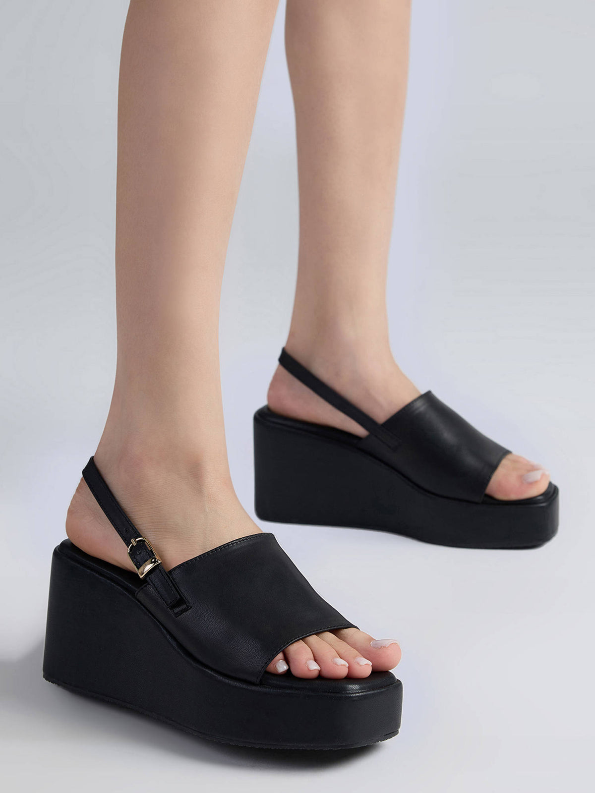 Black Square Toe Slingback Everyday Wedges for Women | H78 - view 1