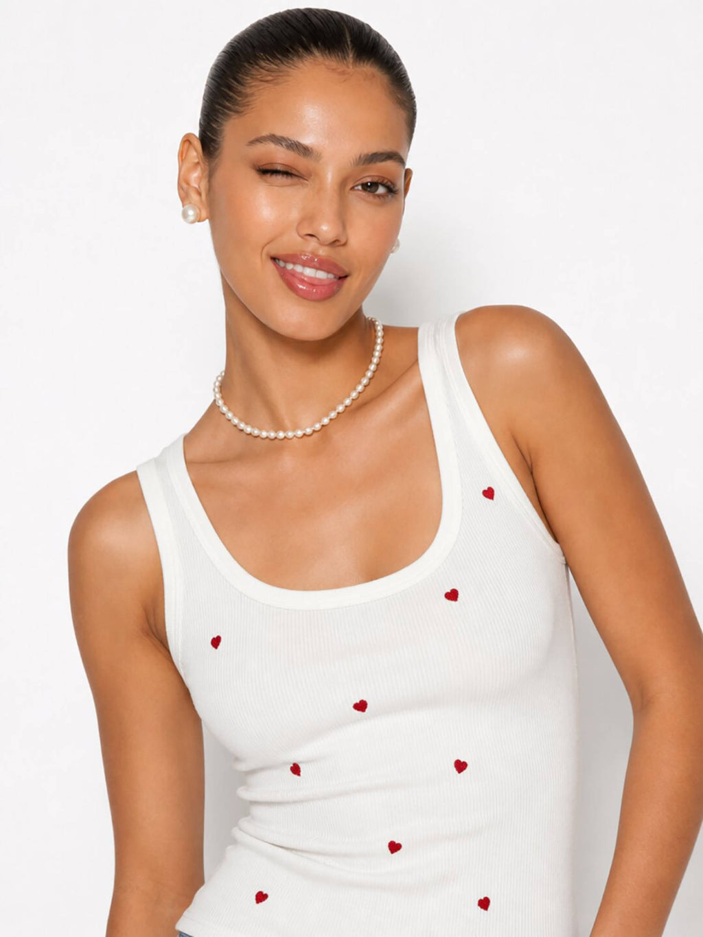 White Heart Embroidered Ribbed Tank Top | TT98 - view 2