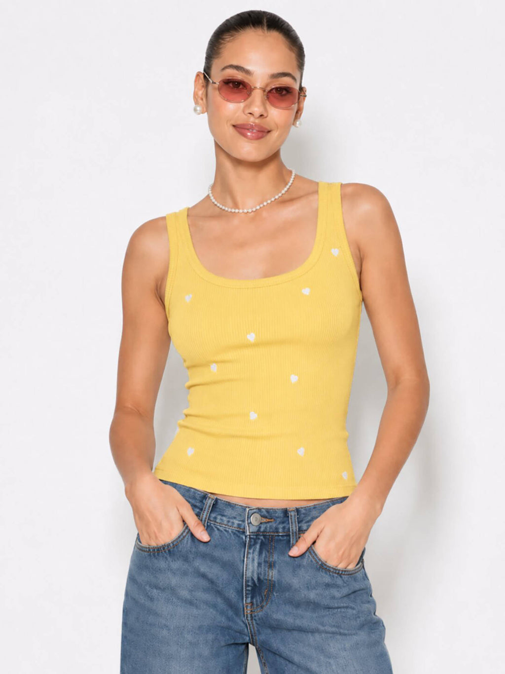 Yellow Heart Embroidered Ribbed Tank Top | TT98 - view 2