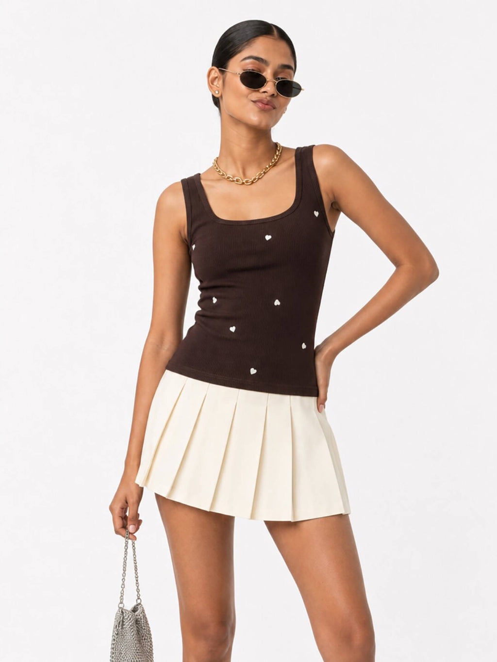 Brown Heart Embroidered Ribbed Tank Top | TT98 - view 2