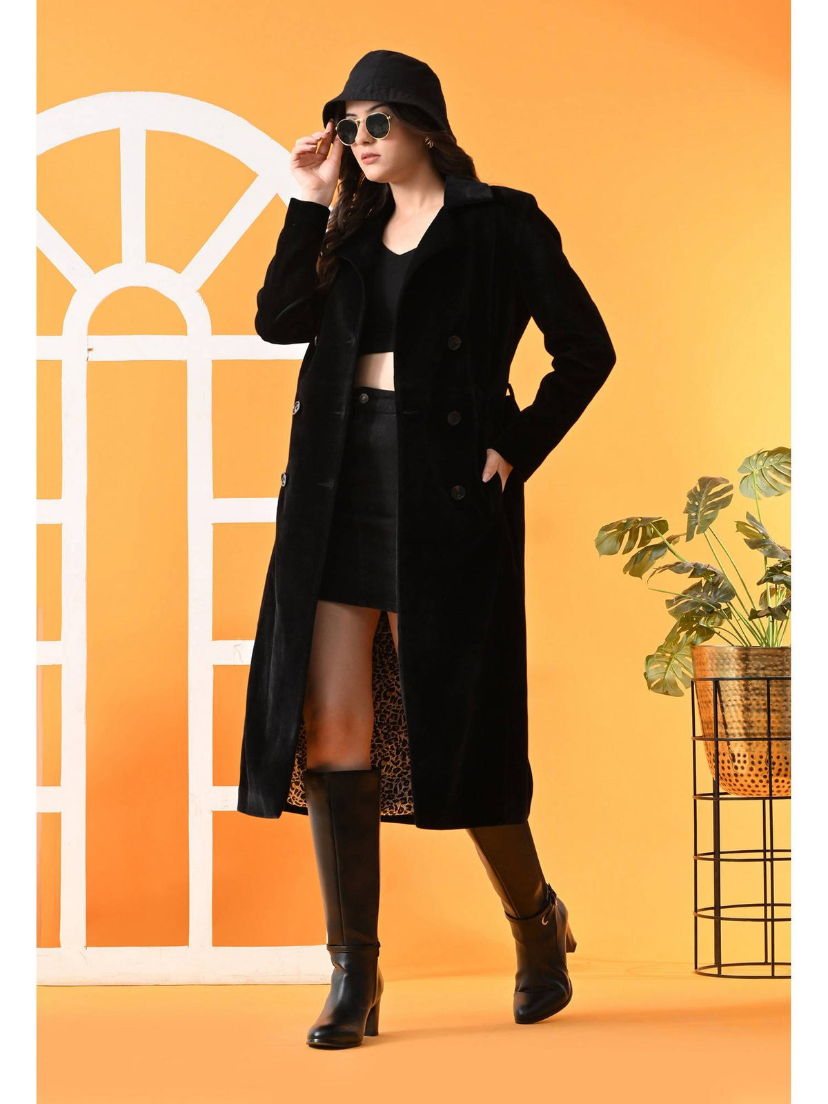 Black Solid Longline Women Winter Coat with Belt | JC78 - view 1