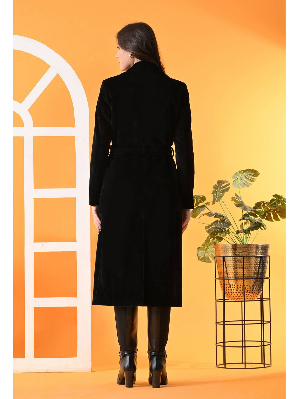 Black Solid Longline Women Winter Coat with Belt | JC78 - view 2