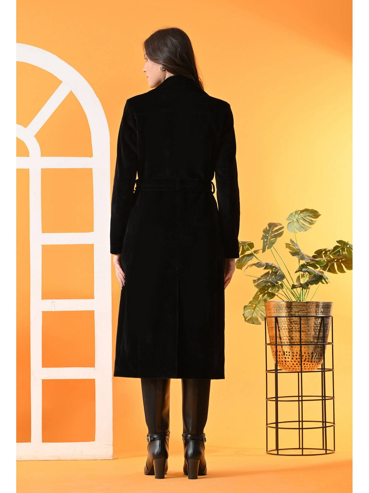 Black Solid Longline Women Winter Coat with Belt | JC78 - view 2